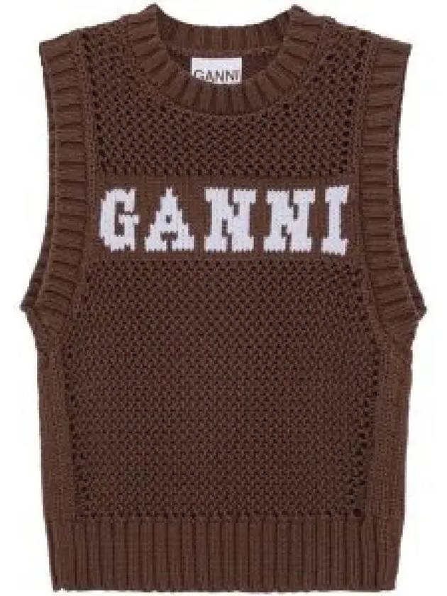 Logo Crochet Vest Knit Top Brown - GANNI - BALAAN 2