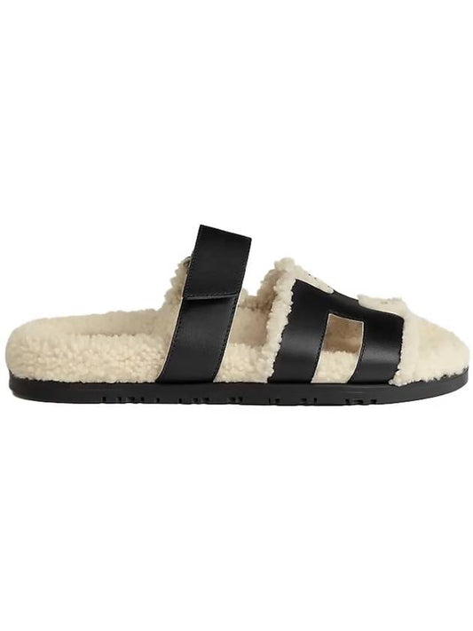 Chypre Shearling Calfskin Sandals Beige Black - HERMES - BALAAN 1