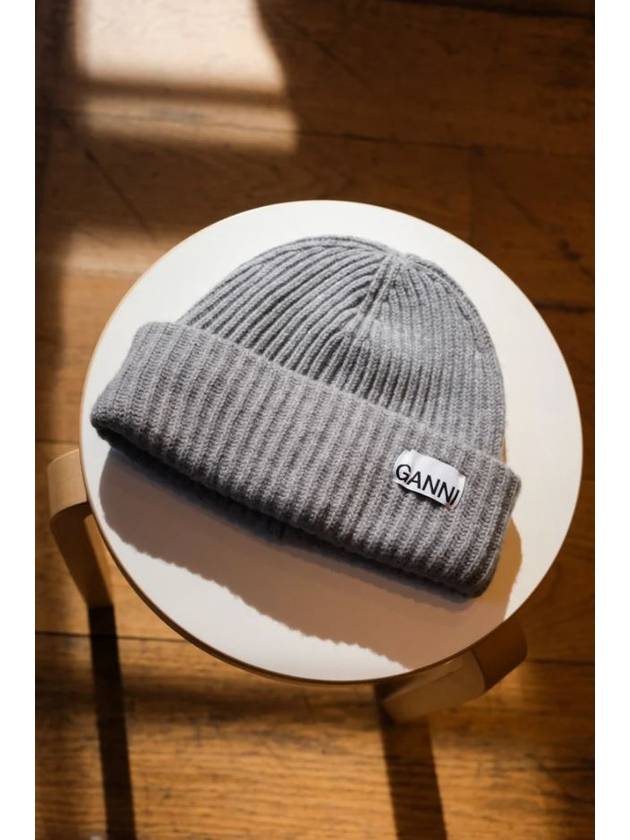 Logo Patch Knit Beanie Grey - GANNI - BALAAN 3