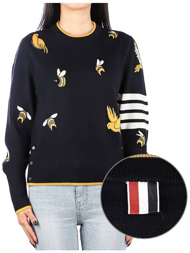 Birds Bees 4-Bar Cotton Merino Pullover Knit Top Navy - THOM BROWNE - BALAAN 2