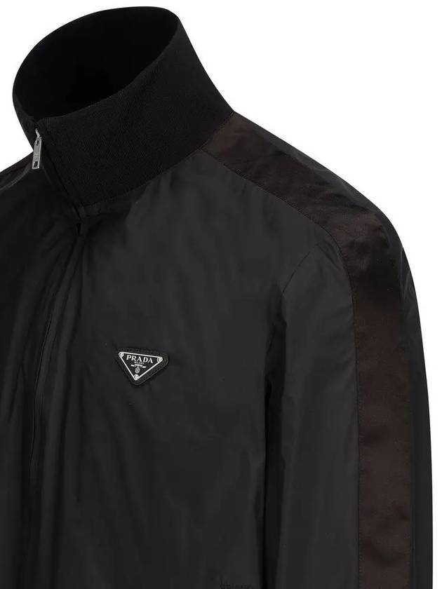 Logo Plaque Silk Blend Zip-Up Jacket Black - PRADA - BALAAN 4