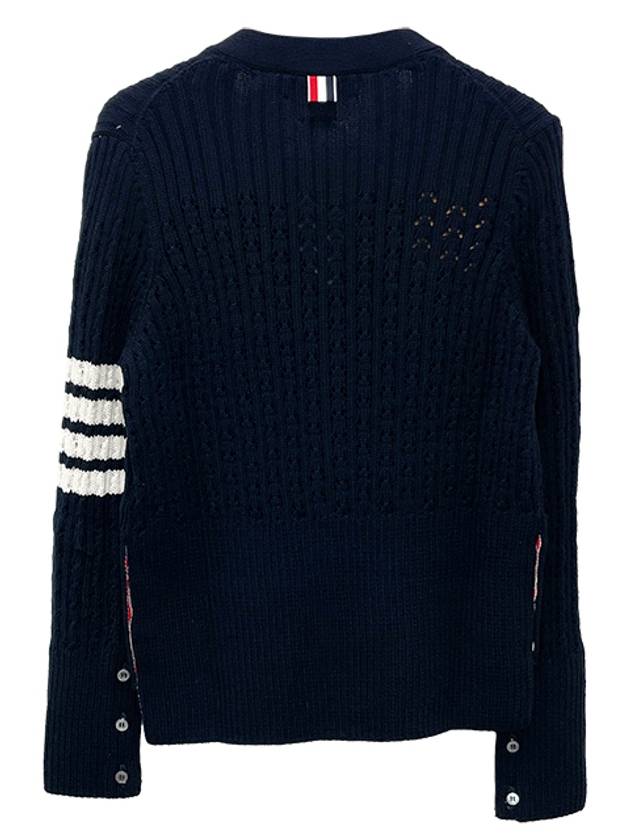 V-Neck Diagonal Pointelle Wool Cardigan Navy - THOM BROWNE - BALAAN 4