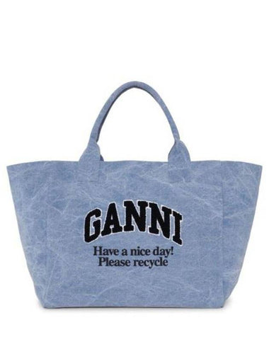 Embroidered Logo Oversized Canvas Tote Bag Blue - GANNI - BALAAN 1