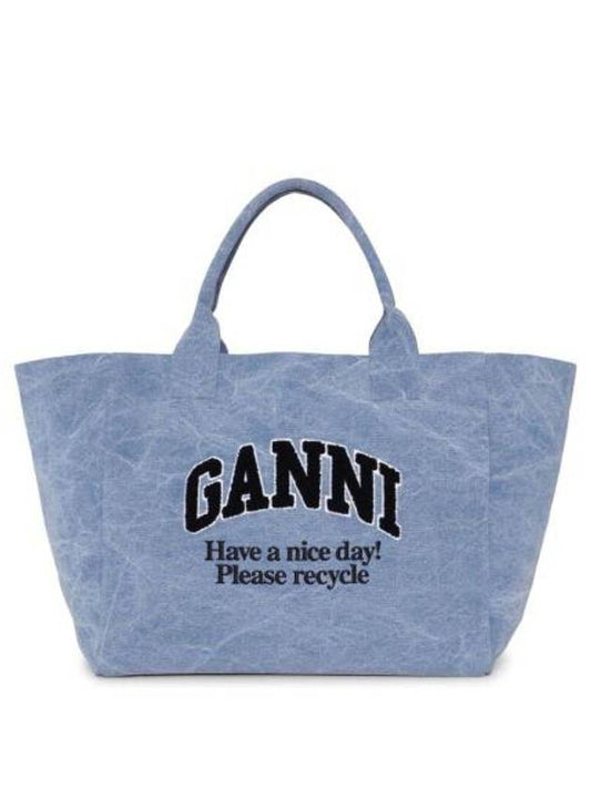 Embroidered Logo Oversized Canvas Tote Bag Blue - GANNI - BALAAN 1