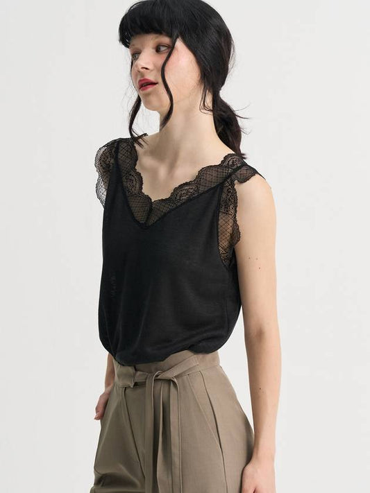 Lace Pure Linen Sleeveless T shirt Black - SORRY TOO MUCH LOVE - BALAAN 2