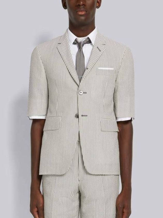 Men's Seersucker Wool Short Sleeve Jacket Medium Grey - THOM BROWNE - BALAAN 2