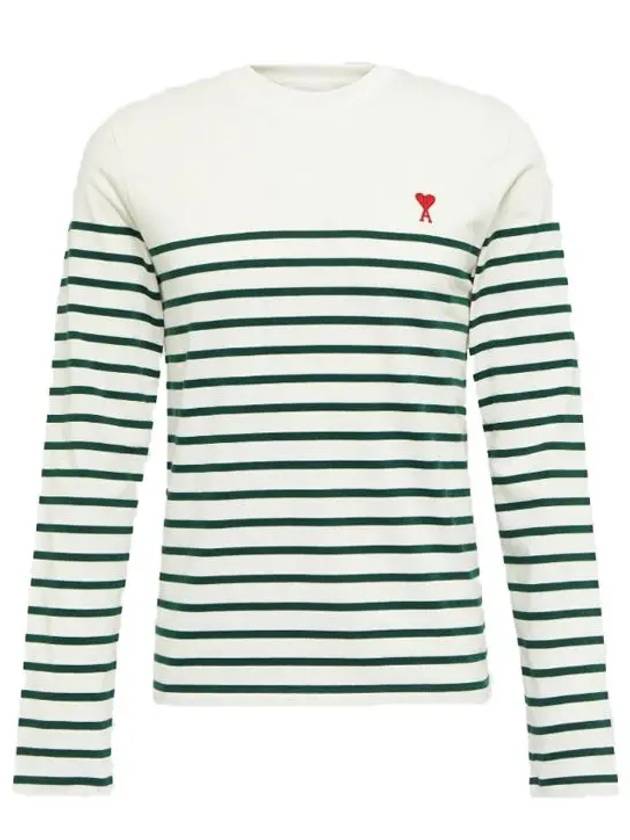 Heart Logo Stripe Long Sleeve T-Shirt White Green - AMI - BALAAN 3