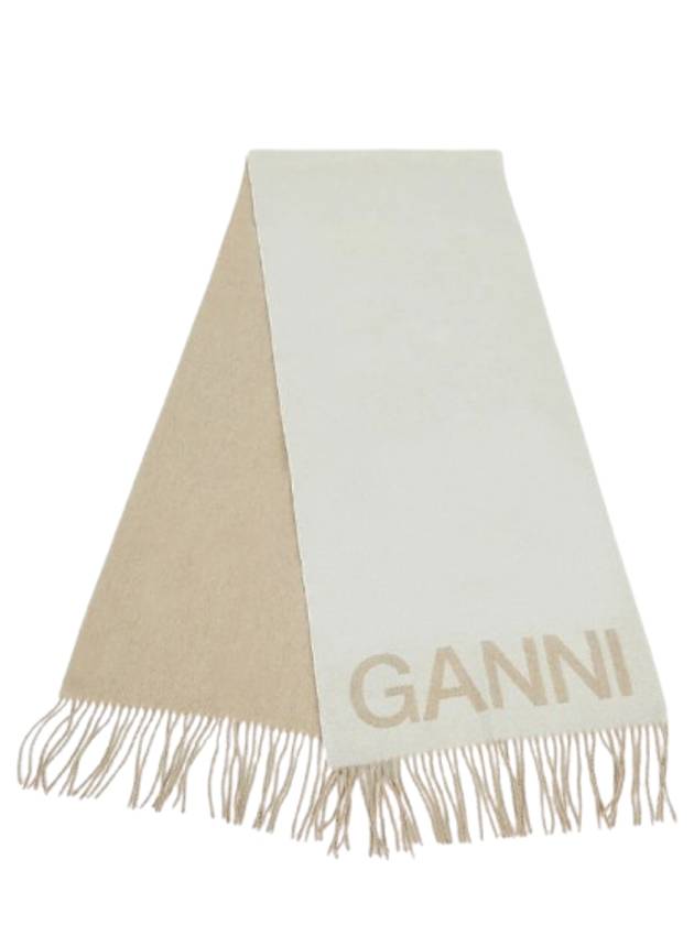 Logo Print Fringe Wool Muffler Beige - GANNI - BALAAN 2