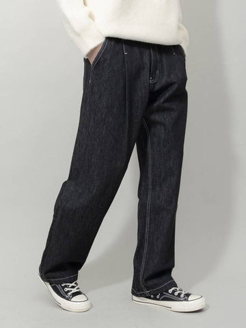 Winter Peach Brushed Pintuck Non-fade Raw String Slab Wide Denim Pants Black - GOLD PERCENT - BALAAN 1