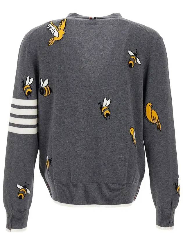 Men's Merino Bird Bee 4 Bar V-Neck Merino Cotton Cardigan Medium Grey - THOM BROWNE - BALAAN 5