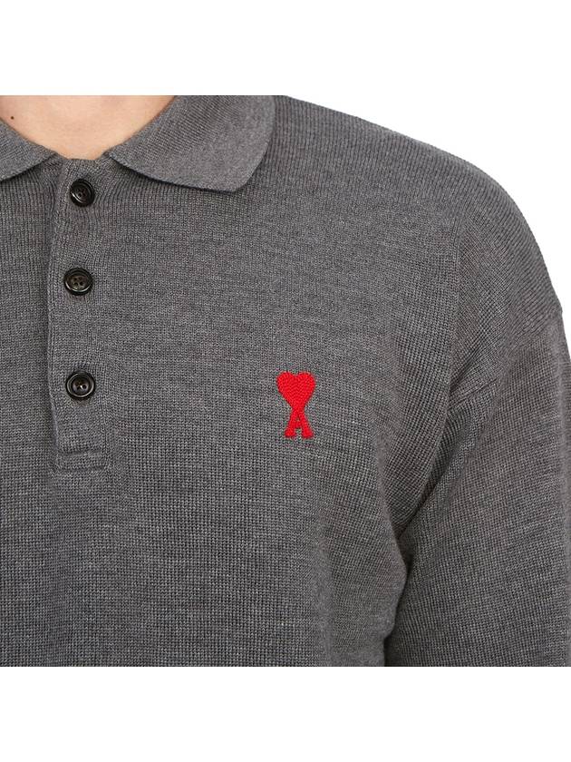 Small Heart Extra Fine Merino Wool Polo Shirt Grey - AMI - BALAAN 9