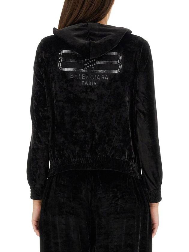 Women's BB Paris Strass Velvet  Zip-Up Hoodie Black - BALENCIAGA - BALAAN 4