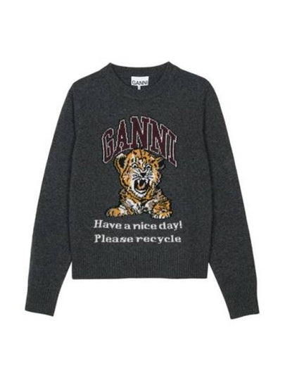 Graphic Wool Mix Tiger Crewneck Knit Top Grey - GANNI - BALAAN 2