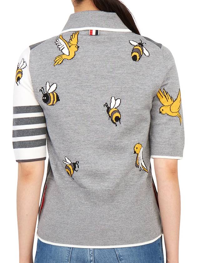 Fun-Mix Cotton Merino Birds and Bees 4-Bar Polo Shirt Tonal Grey - THOM BROWNE - BALAAN 5