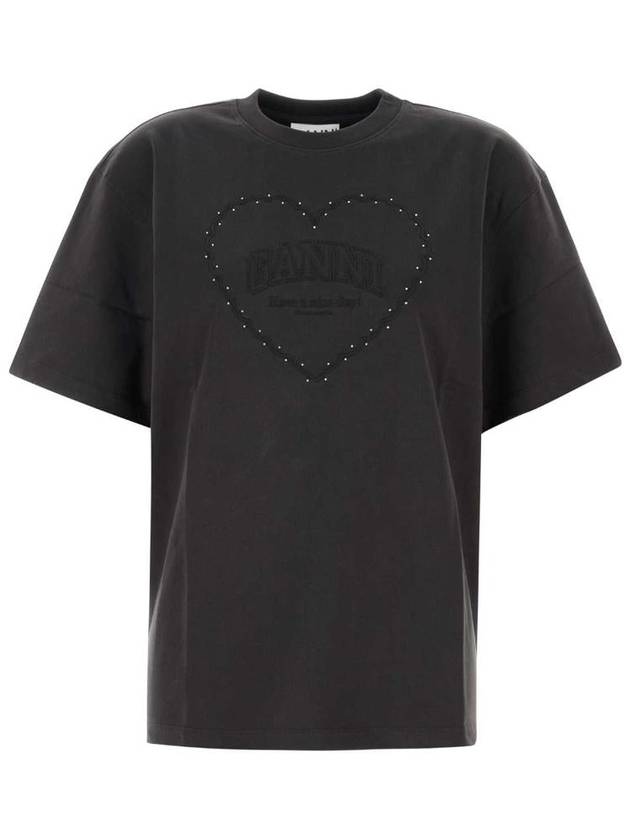 Drop Shoulder Heart Cotton Short Sleeve T-Shirt Black - GANNI - BALAAN 2