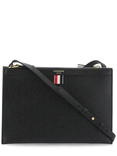 Logo Print Leather Double Zipper Crossbody Bag Black - THOM BROWNE - BALAAN 1