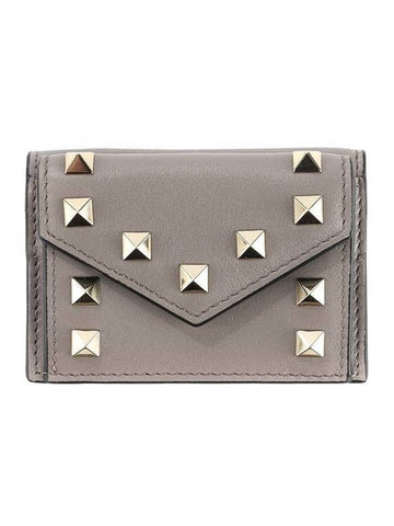 Women's Studded Calfskin Half Wallet Dark Beige - VALENTINO - BALAAN 1