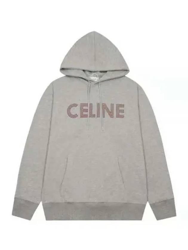 Burgundy Logo Print Cotton Fleece Hoodie Grey Melange - CELINE - BALAAN 2