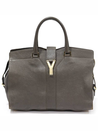 370698 Gray Calfskin Gold Plated Y Classic Cabochic Large Tote Bag - SAINT LAURENT - BALAAN 1