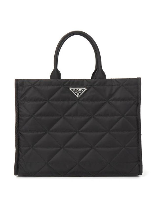 triangle logo topstitching Re-nylon shopping tote bag black - PRADA - BALAAN.