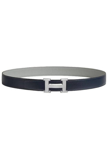 H Guillochee Buckle Reversible Double Sided 32mm Blue Marine 95 Silver Plated Men s Leather Belt H073967CAGB095 - HERMES - BALAAN 1