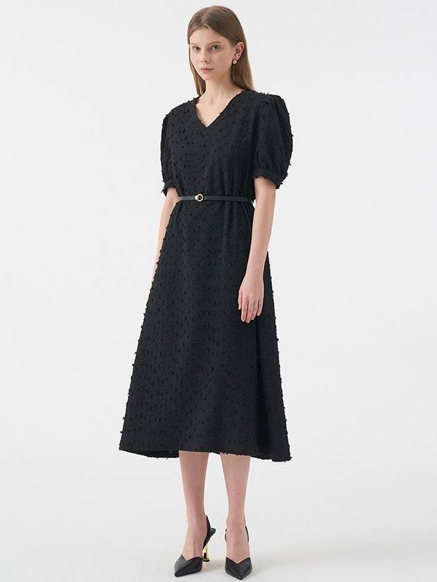 Lucia V-neck puff half-sleeve belted long dress black - AME - BALAAN 5