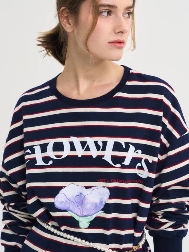 Flower Stripe T Shirt Navy - SORRY TOO MUCH LOVE - BALAAN 5