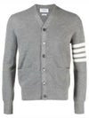 4-Bar Striped Waffle High V-Neck Cardigan Light Grey - THOM BROWNE - BALAAN 2