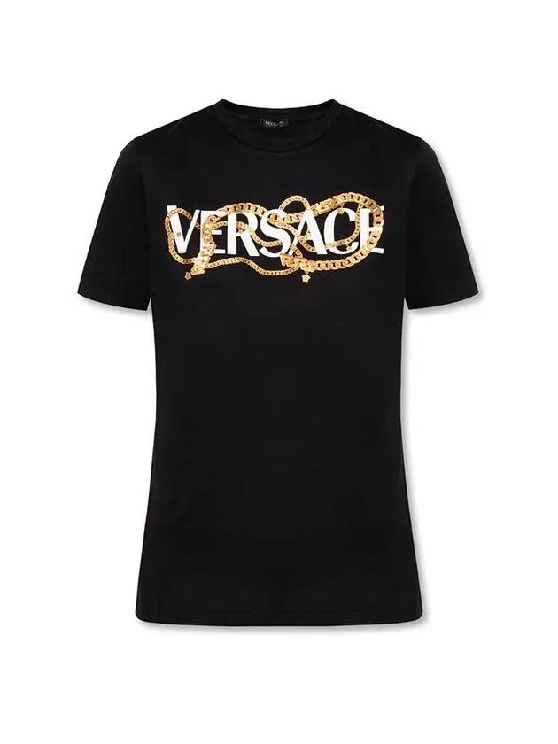 Gold Chain Logo Short Sleeve T-Shirt Black - VERSACE - BALAAN.