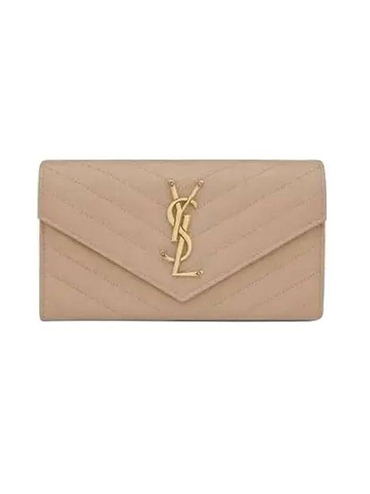 Matelasse Monogram Quilting Leather Flap Long Wallet Dark Beige - SAINT LAURENT - BALAAN 1