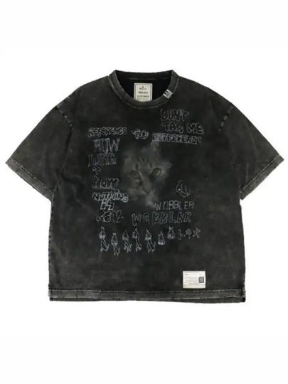 Distressed Cat Print Short Sleeve T-Shirt Black - MIHARA YASUHIRO - BALAAN 2