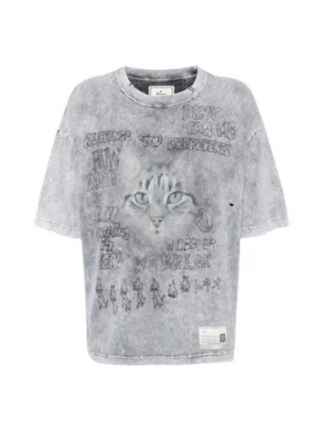 A13TS611 Gray Distressed Cat Print Tee - MIHARA YASUHIRO - BALAAN 1