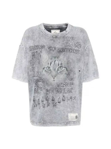 A13TS611 Gray Distressed Cat Print Tee - MIHARA YASUHIRO - BALAAN 1