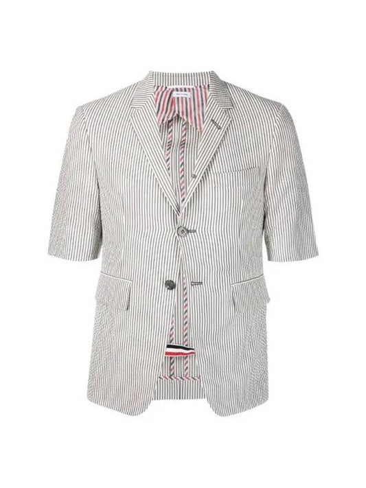 Men's Seersucker Wool Short Sleeve Jacket Medium Grey - THOM BROWNE - BALAAN 1
