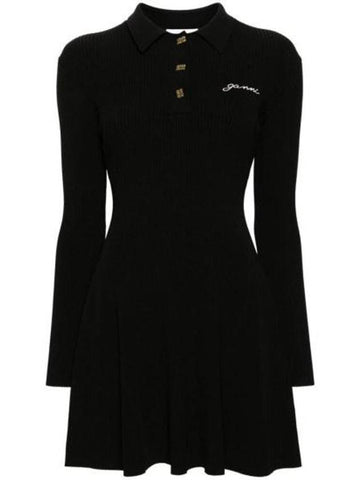 Future Viscose Rib Long Sleeve Short Dress Black - GANNI - BALAAN 1