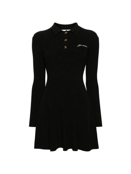 Future Viscose Rib Long Sleeve Short Dress Black - GANNI - BALAAN 1