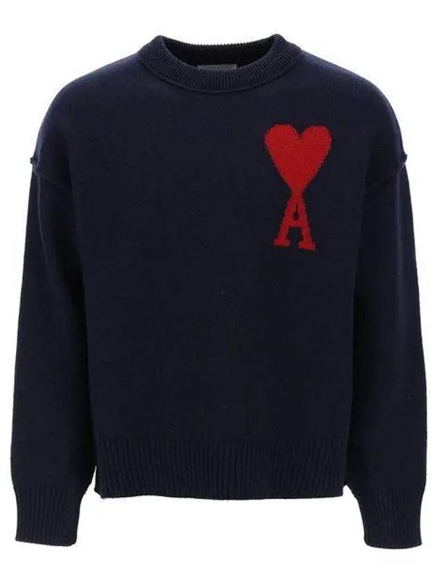 Big Heart Logo Wool Knit Top Navy - AMI - BALAAN 2