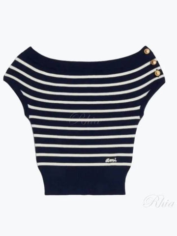 Logo Stripe Off Shoulder Sleeveless Knitwear Knit Navy White FTP011KN0003492 - AMI - BALAAN 1