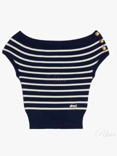 Off Shoulder Striped Knit Top Navy - AMI - BALAAN 2