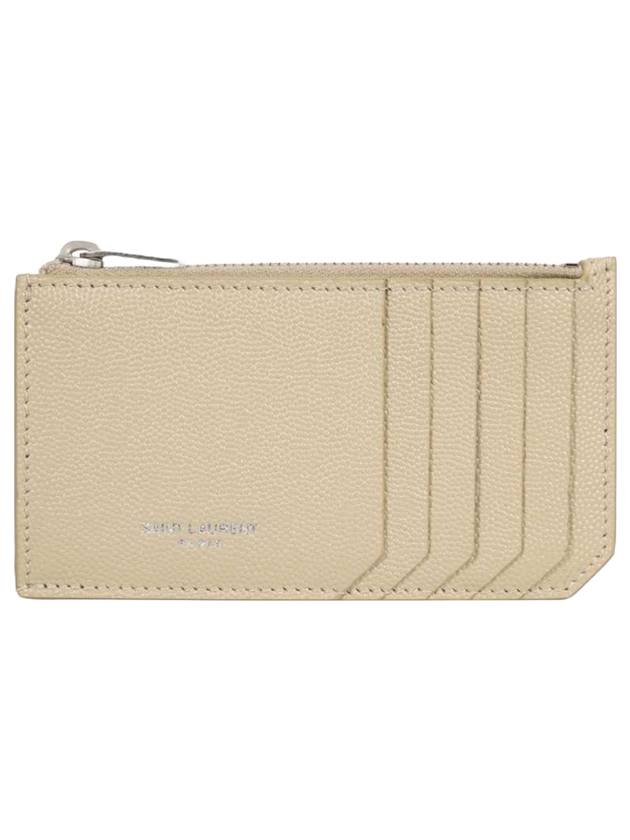 Logo Print Pebbled Leather Card Wallet Beige - SAINT LAURENT - BALAAN 1