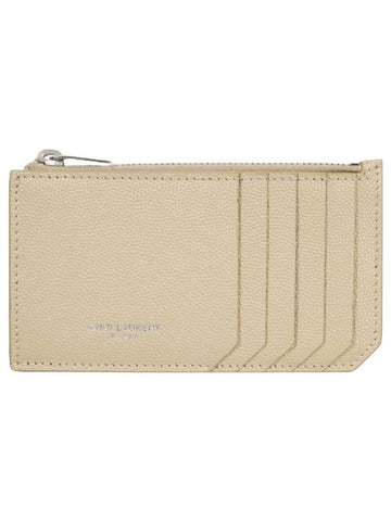 Logo Print Pebbled Leather Card Wallet Beige - SAINT LAURENT - BALAAN 1