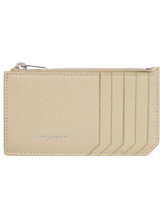 Logo Print Pebbled Leather Card Wallet Beige - SAINT LAURENT - BALAAN 1