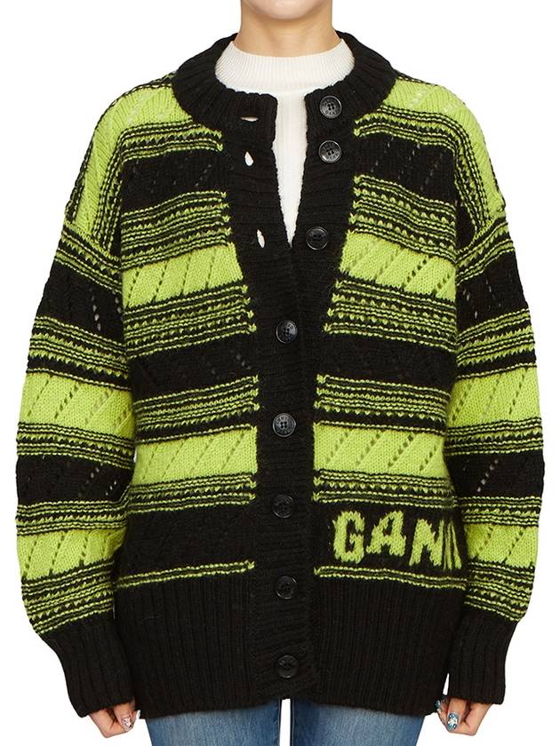 Logo Stripe Pattern Knit Cardigan Black - GANNI - BALAAN 5