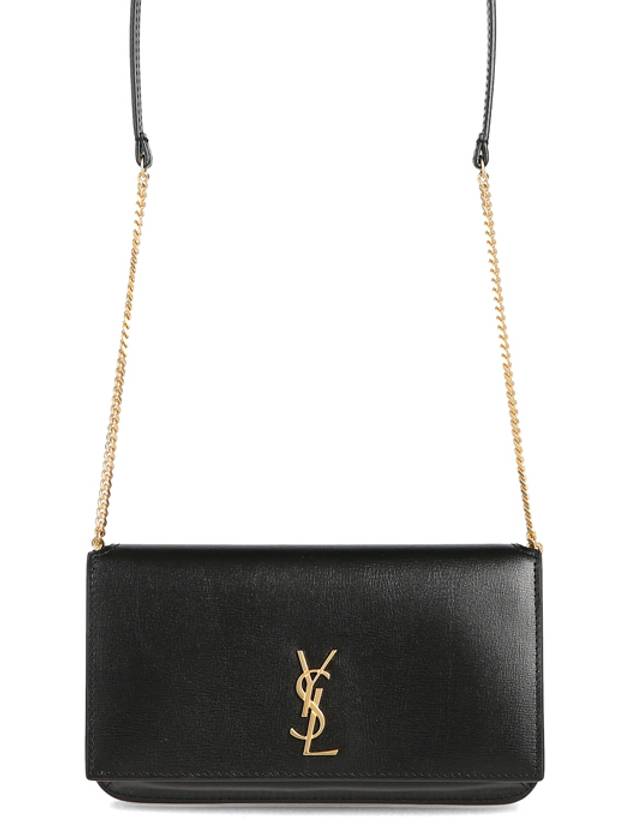 Gold Monogram Phone Holder Crossbody Bag with Strap in Smooth Leather Black - SAINT LAURENT - BALAAN 2