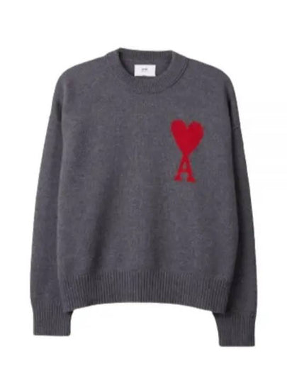 Intarsia Big Heart Logo Wool Knit Top Grey - AMI - BALAAN 2