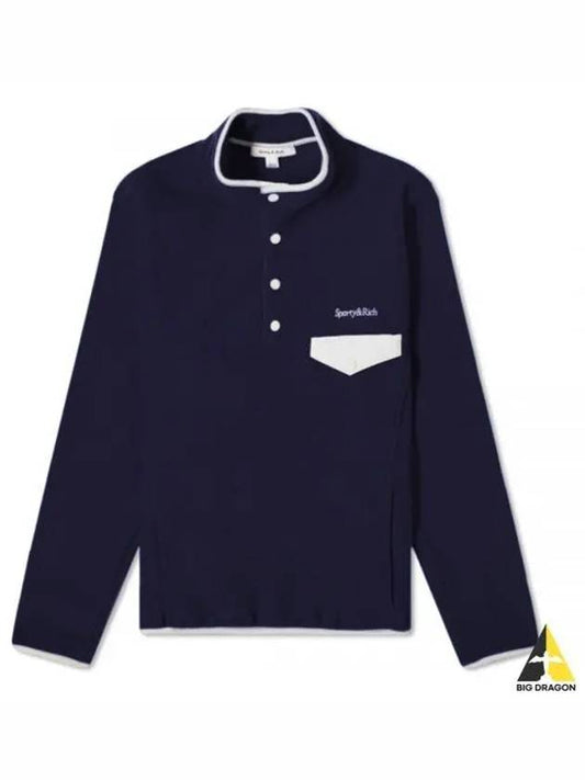 Serif Logo Buttoned Polar Cotton Sweatshirt Cream Navy - SPORTY & RICH - BALAAN 2