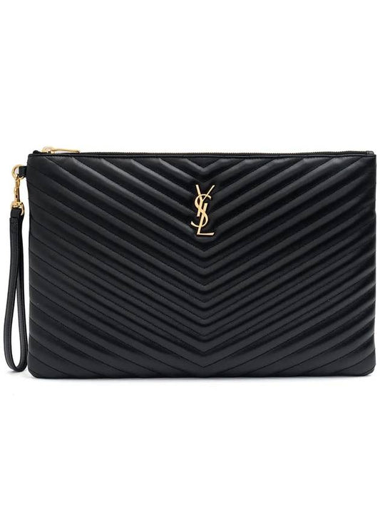 Gold Monogram Document Holder In Matelasse Leather Black - SAINT LAURENT - BALAAN 2