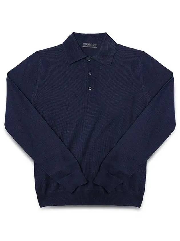 Men's Button Collar Wool Polo Knit Top Navy - PRADA - BALAAN 1