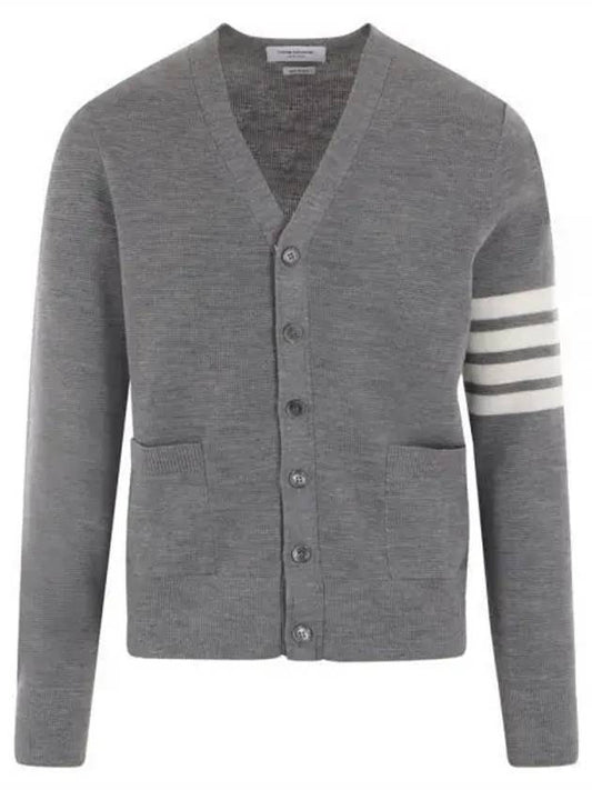 4-Bar Striped Waffle High V-Neck Cardigan Light Grey - THOM BROWNE - BALAAN 2