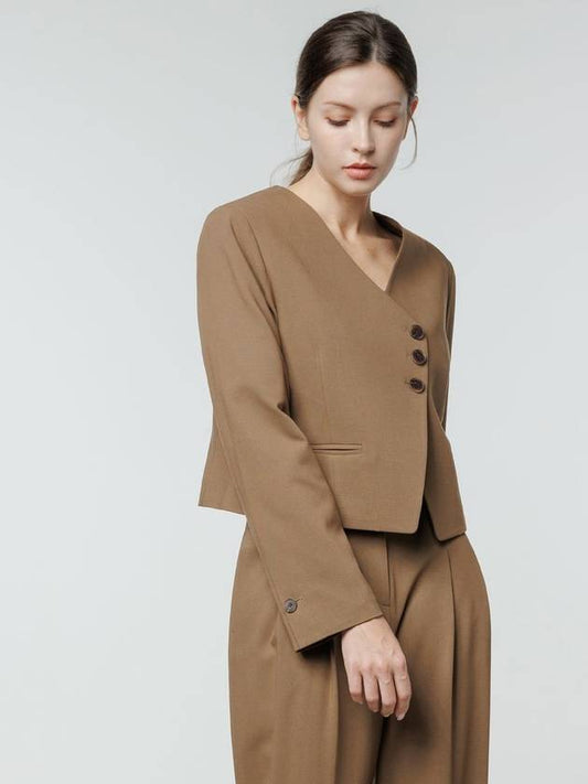 Colin Wool No-collar V-neck Diagonal Three Button Long Sleeve Crop Jacket Moss Brown COLIN40MB - RAMUSTUDIO - BALAAN 2